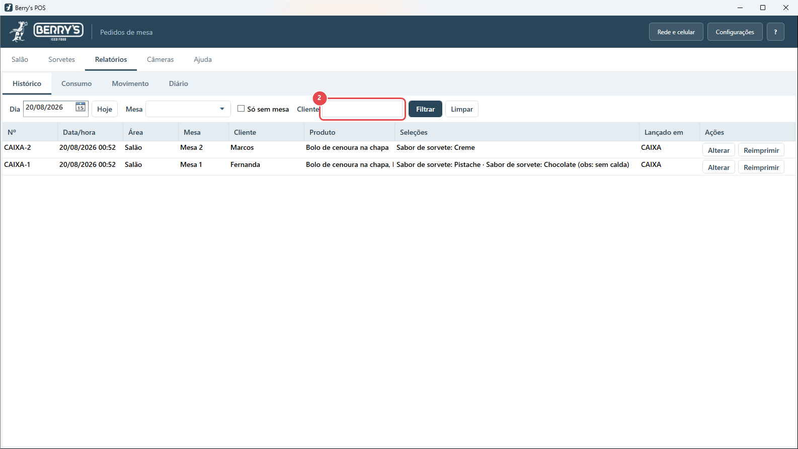 Passo 2: Os filtros: dia, mesa e o nome do cliente